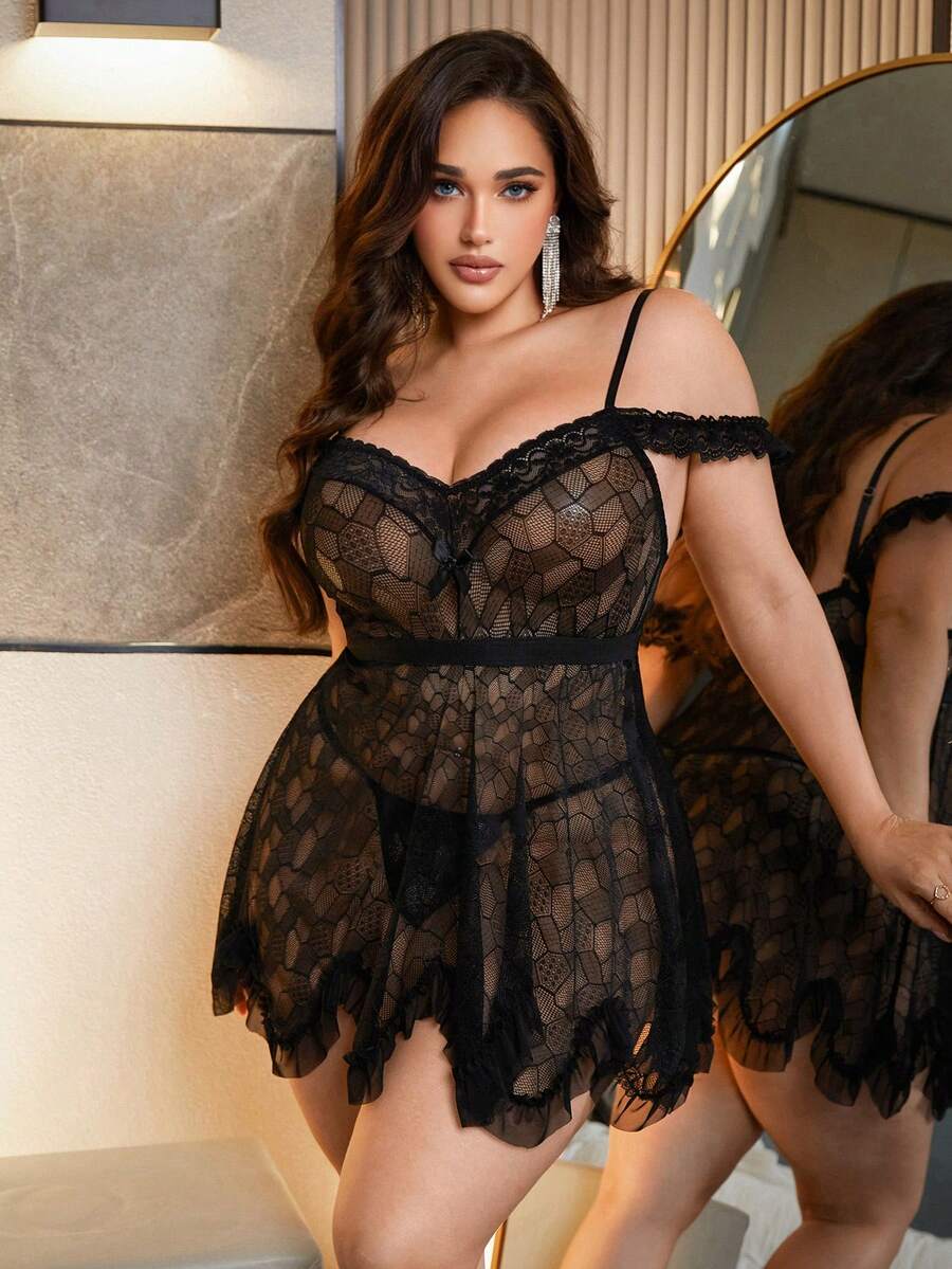 SHEIN 2pcs Plus Size Lace Wireless Sexy Lingerie Set - Black - View 1