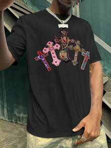 Rovax 舒适男士白色圆领T恤，十字架耶稣印花T恤，圆领，短袖，演唱会服装T恤，复古T恤，图案T恤，趣味T恤，朋友礼物 - 黑色 - 查看 3