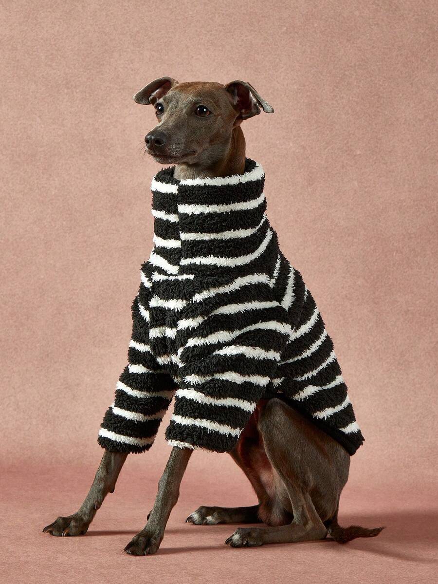 PETSIN Pawparrel 1件宠物秋冬双面毛绒弹力舒适保暖面料高领时尚复古黑白条纹狗狗卫衣 - 彩色 - 查看 1