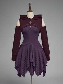 ROMWE Gothic Dark Witch Costume Set - Black Witch Hat, Hooded Sweatshirt, And Off-Shoulder Dress - Purple - View 6