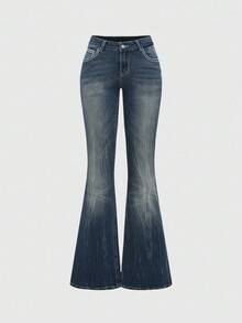 ROMWE Grunge Punk Jeans évasés ajustés avec poche à broderie croisée laissant le ventre apparent, style rétro Y2K grande taille - Bleu ciel - Voir 2