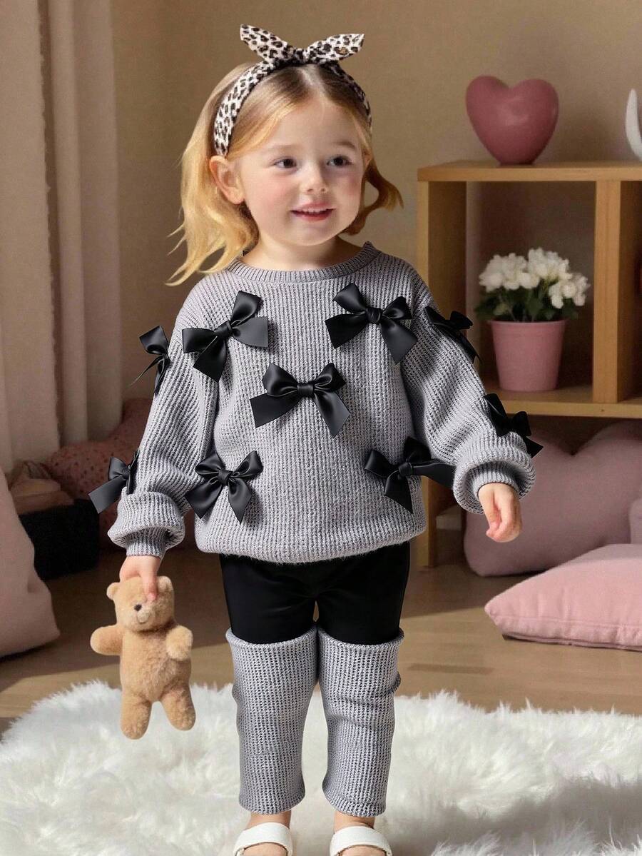 SHEIN 2pcs Baby Girls' Knitted Long Sleeve Gray Top With Bow Tie T-Shirt And Pants Set, Fashionable And Stylish Baby Girl's Outfit For Early Autumn - Grey - View 1