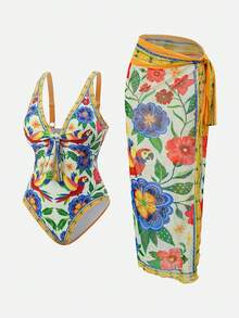 Swim Oasis 女士南法鹦鹉印花豪华度假连体泳衣配纱笼裙套装 - 彩色 - 查看 10