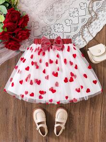 SHEIN Elladie kids 少女情人节舞会半身裙，红色植绒可爱爱心蝴蝶结腰带，红色薄纱裙，适合甜美可爱的日常穿着 - 紅色 - 查看 3