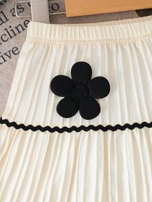 رمضان Young Girls' Textured Apricot Ribbon Floral 3D Ruffle Hem A-Line Skirt, Suitable For Casual, Cute And Elegant Daily Wear Pleated Skirt For Girls Skirt Knee Length Flare Skirt Girls Cute Skirt Kawaii Skirt - Apricot - View 7