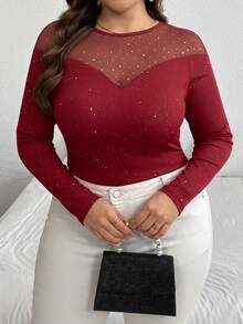 SHEIN Privé Blusa lunga con maniche lunghe, patchwork di paillettes e rete, scintillante, elegante per feste, appuntamenti, concerti, ufficio, vacanze, Capodanno, taglie comode - Bordò - Visualizzare 2