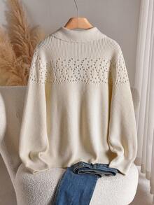 CosyJoli Plus Size Solid Color Hollow Perforated Floral Pattern Casual Versatile Long Sleeve Pullover Sweater/Winter Fall/Winter - Apricot - View 2