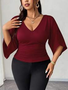 Elenzga 大码束腰休闲法式百搭T恤 - 酒紅色 - 查看 4