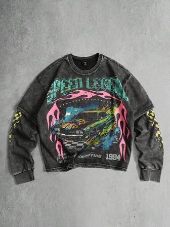 Street Life Men's Letter & Car Graphic Print Washed Long Sleeve T-Shirt