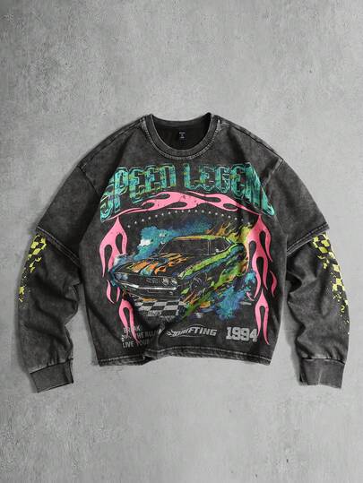 Street Life Men's Letter & Car Graphic Print Washed Long Sleeve T-Shirt