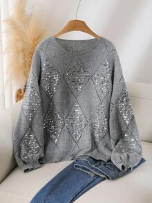 CosyJoli 大码女式休闲亮片菱形针织落肩宽松套头衫，秋冬亮片套头衫灰色亮片毛衣闪亮灰色毛衣灰色套头衫女式亮片毛衣女式毛衣灰色亮片毛衣