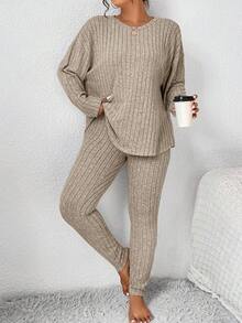 SHEIN Frenchy Plus Size Casual Solid Color Long Sleeve Top And Pants 2 Pieces Set, Autumn - Apricot - View 6