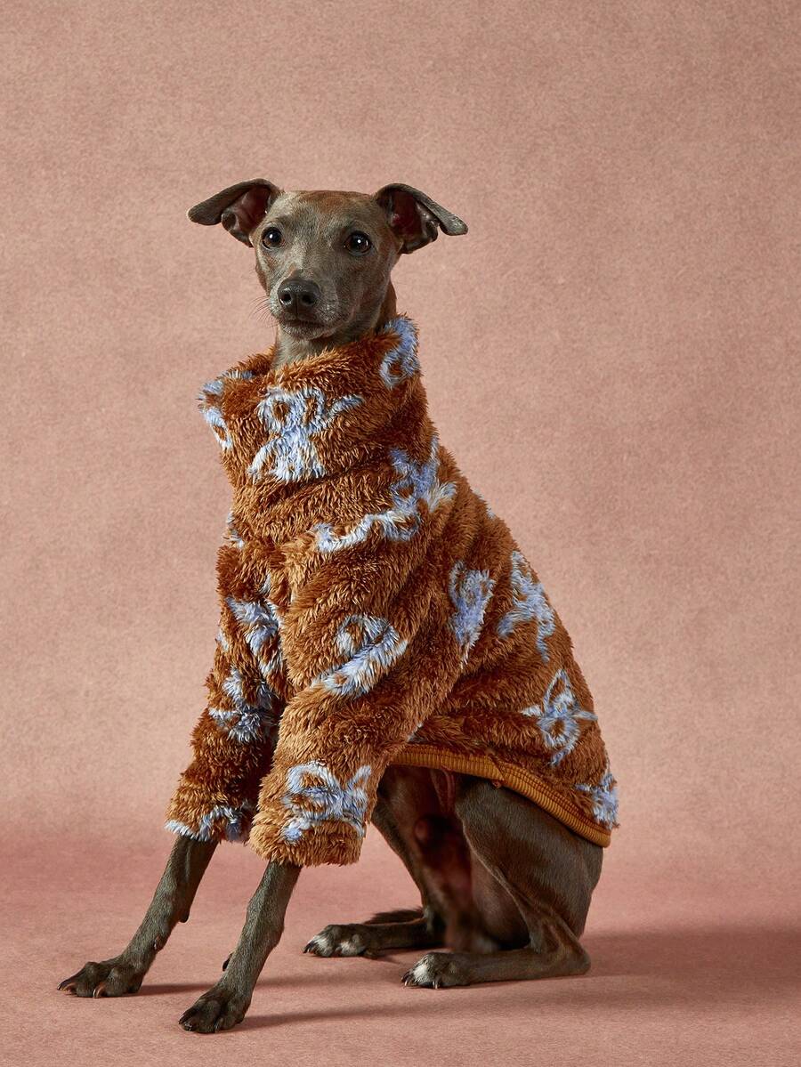 PETSIN Pawparrel 1pc Pet Universal Autumn And Winter Double-Sided Plush Elastic Comfortable Warm Fabric High Neck Fashionable Retro Brown Blue Bow Pattern Dog Sweatshirt - Multicolor - View 1