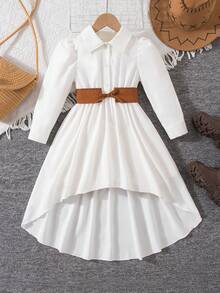 SHEIN Young Girl Casual Everyday Commute Puff Sleeve Asymmetrical Hem Contrast Waist Belt Shirt Dress, Autumn/Spring - Multicolor - View 7