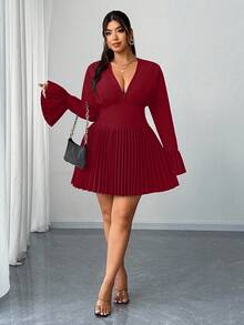 Elenzga Plus Size Elegant Solid Color Flared Sleeve Pleated Hem Midi Dress, Suitable For Commuting - Red - View 1