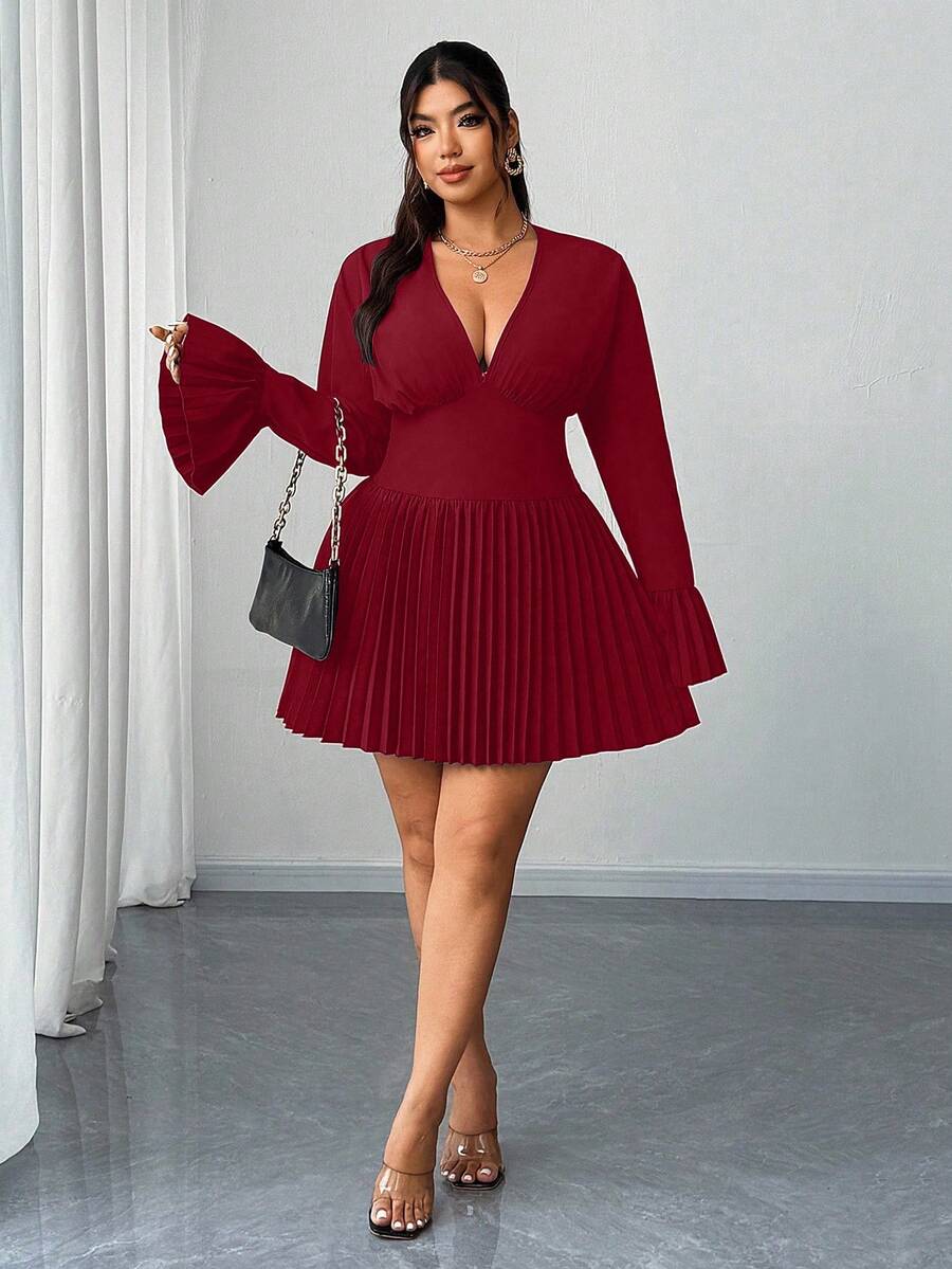Elenzga Plus Size Elegant Solid Color Flared Sleeve Pleated Hem Midi Dress, Suitable For Commuting - Red - View 1