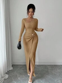 Elenzga 女士纯色时尚扭结长裙，不规则领口针织纹理紧身包臀设计，扭结开衩款式，优雅女士装扮，秋季女装，冬季女士端庄服饰 - 卡其色 - 查看 4