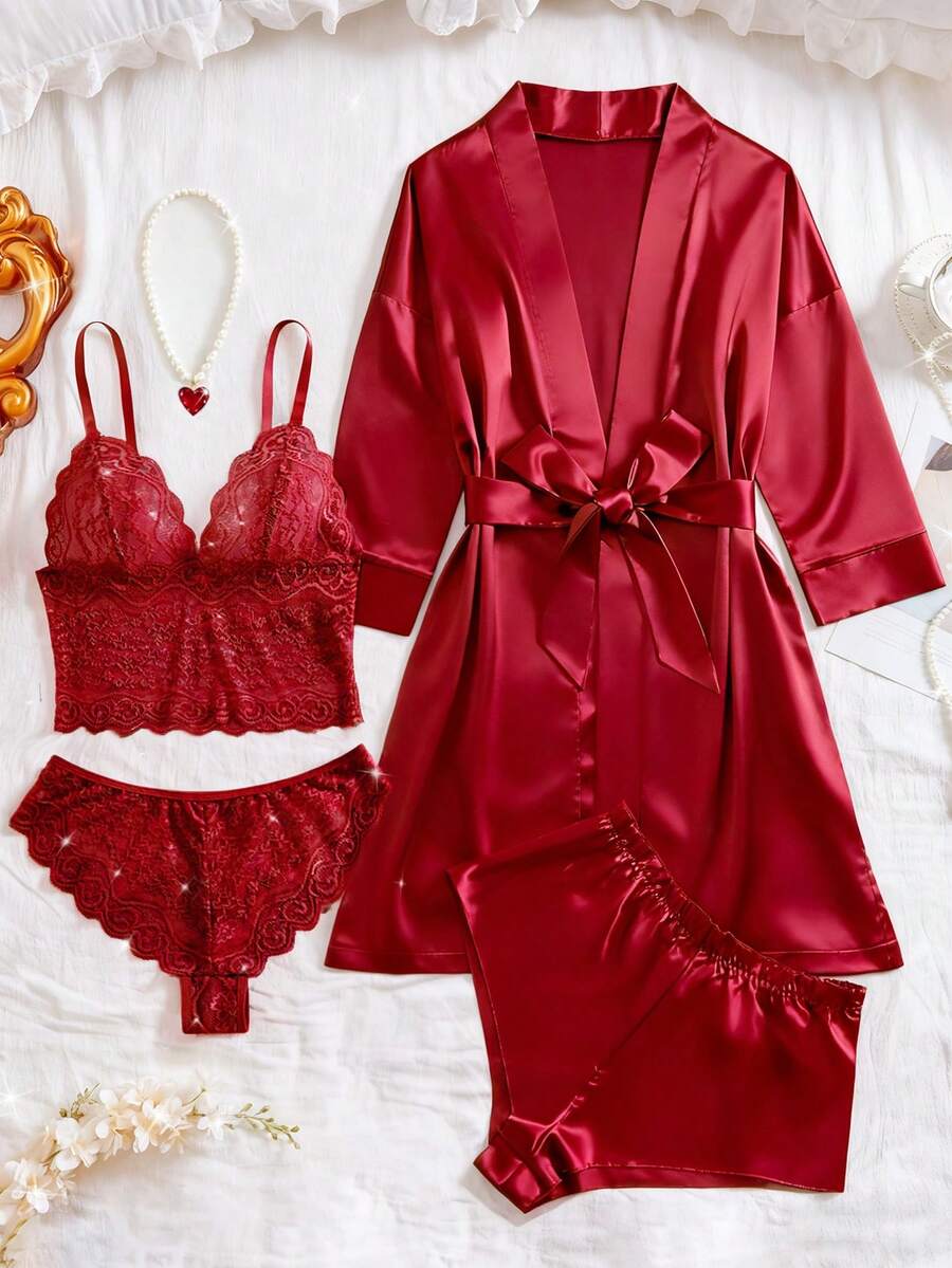 SHEIN Bộ đồ ngủ nữ 5 món, Bộ đồ ngủ ren hoa màu trơn thanh lịch - Áo hai dây cổ chữ V bán trong suốt, Quần lót tam giác, Quần short satin, Áo choàng dài tay có thắt lưng, Đồ ngủ nữ mặc nhà - Màu Đỏ Sâu - Xem 1