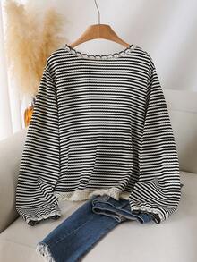 CosyJoli Gestreiftes Oversize-Damen-T-Shirt mit Rundhalsausschnitt und Quastenabschluss, lässiges, vielseitig kombinierbares Shirt