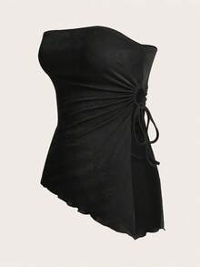 Top dama mujer hombros descubiertos tejido fino escote recto sin mangas corte peplum corto asimétrico lazada frontal fruncida fiesta coctel discoteca cálido fresco - Negro - Ver 4