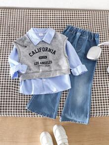 女童秋冬三件套：罗纹圆领无袖上衣（印有英文字母），搭配长袖格子衬衫和蓝色喇叭牛仔裤，适合休闲、旅行和聚会穿着。 - 淺灰色 - 查看 1