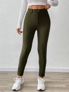 SHEIN Essnce 大码女装春夏时尚休闲舒适基础款日常百搭修身高弹力紧身裤，女士下装，曲线裤，工作裤，办公室女装，机场女装，简约风格，教师装，弹力舒适裤 - 軍綠色 - 查看 8