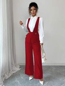 SHEIN Elenzya Women's Black Thick Fabric Deep V-Neck Waist Design Elegant Teacher's Outfit, Suitable For Independence Day, Cyber Monday, Halloween, Singles' Day, Back To School Party, Singles' Party, Holidays, Christmas Eve, Christmas, Halloween Eve, Thanksgiving, Christmas Carnival, Diwali, Travel, Workplace, Autumn Jumpsuit - Red - View 3