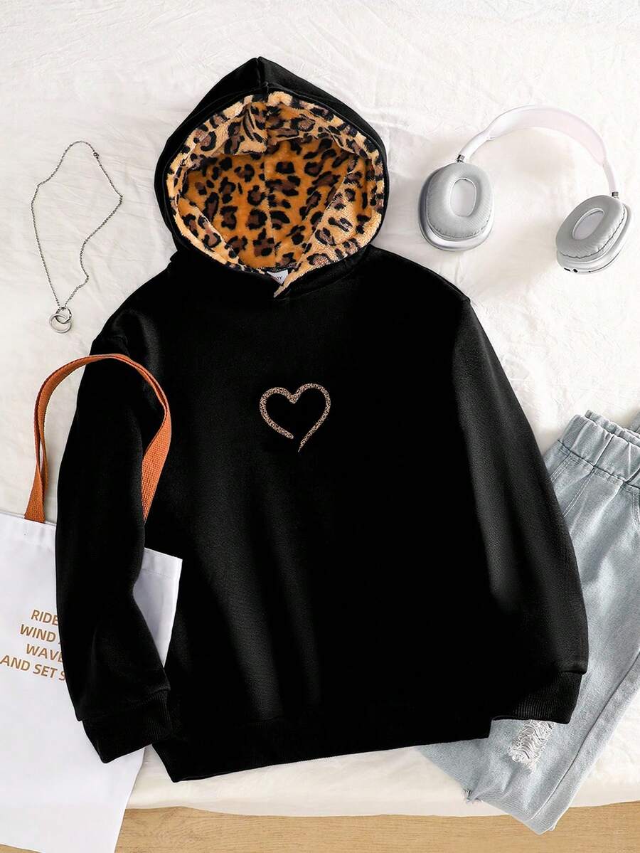 Tween Girl Street Style Leopard Print Fluffy Sweatshirt, Heart & Leopard Print Design, Fits Street Style, Hooded Sweatshirt - Multicolor - View 1