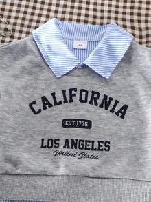 女童秋冬三件套：罗纹圆领无袖上衣（印有英文字母），搭配长袖格子衬衫和蓝色喇叭牛仔裤，适合休闲、旅行和聚会穿着。 - 淺灰色 - 查看 5