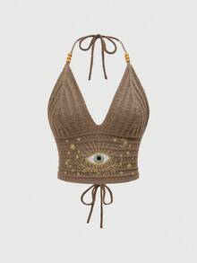 ROMWE Hippie 波西米亚风夏季女式嬉皮度假风眼睛、月亮和星星刺绣蓝绿色串珠针织上衣 - 咖啡棕 - 查看 5