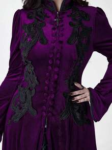 ROMWE Gothic Retro Palace Style Contrast Color Lace Trim Velvet Long Jacket For Women - Purple - View 6