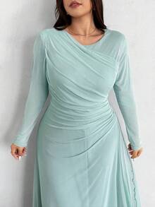 Firerie 大码女士优雅褶皱弹力网纱喇叭长袖连衣裙，舒适休闲，适合度假、约会、派对、下午茶、舞会、秋冬季穿着。 - 綠色 - 查看 8