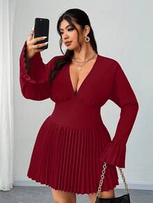 Elenzga Plus Size Elegant Solid Color Flared Sleeve Pleated Hem Midi Dress, Suitable For Commuting - Red - View 3