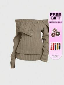 ROMWE Y2K风格露肩罗纹针织毛衣，腰部收紧 - 咖啡棕 - 查看 9