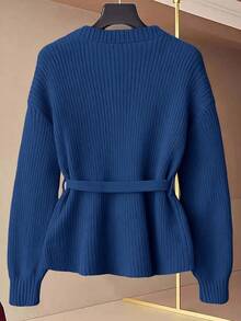 GlowEve 新款女士V领开衫，欧美风撞色优雅简约时尚针织上衣 - 藍色 - 查看 2