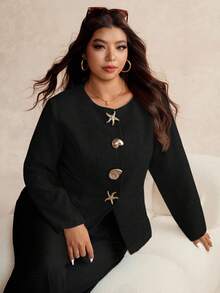 Elaquor Plus Size Casual Metal Shell Button Round Neck Jacket, Autumn - Black - View 6