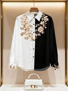 Franclia Women's New Printed Lapel Black And White Long Sleeve Shirt - Multicolor - View 3