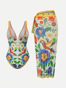 Swim Oasis 女士南法鹦鹉印花豪华度假连体泳衣配纱笼裙套装 - 彩色 - 查看 2