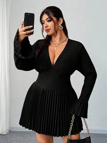 Elenzga Plus-Size Women's Deep V-Neck Skirt With Gathered Cuffs New Year Dress - Black - View 3