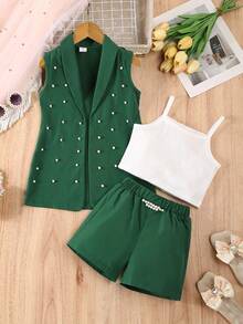 SHEIN Elladie kids 女童三件套正式套装：粉色西装外套、针织吊带背心、珍珠装饰短裤，休闲优雅夏季装扮 - 綠色 - 查看 4