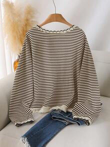 CosyJoli Women's Plus Size Round Neck Tassel Hem Striped T-Shirt, Casual All-Match Versatile Plus Size Tee/Fall/Winter Striped Long Sleeve Knit Tops Stripe Top Striped Sweater - Brown - View 2