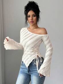 Elenzga Áo sơ mi trơn màu thường ngày cho mùa xuân, hè, thu và đông, vải có họa tiết, viền bất đối xứng, tay chuông, thiết kế dây rút bên hông, thích hợp cho tiệc độc thân, tiệc trà, váy dạ hội thu/đông, Halloween, Giáng sinh, tiệc cưới thanh lịch, tiệc đồng quê, áo cánh ren lệch vai - Màu be - Xem 5
