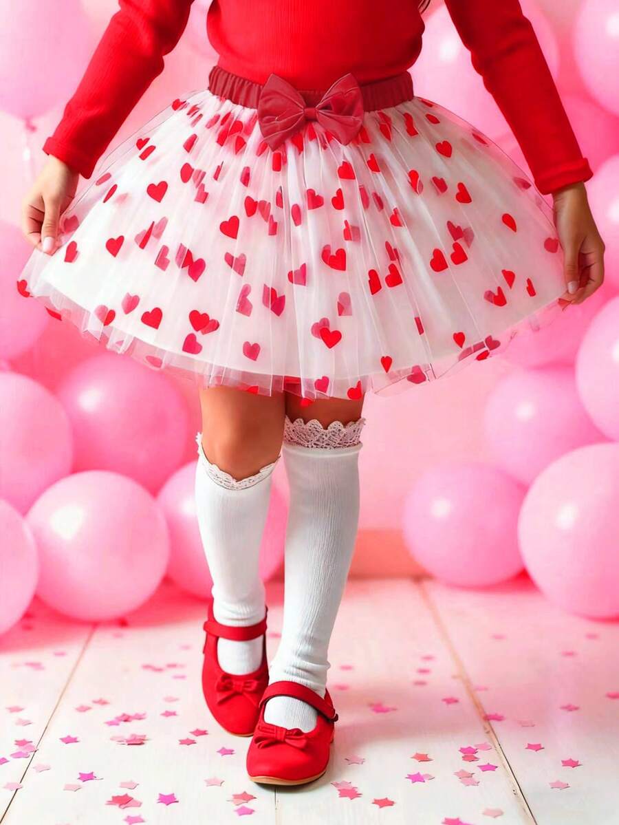 SHEIN Elladie kids 少女情人节舞会半身裙，红色植绒可爱爱心蝴蝶结腰带，红色薄纱裙，适合甜美可爱的日常穿着 - 紅色 - 查看 1
