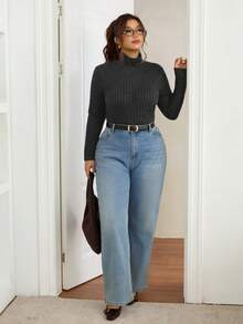 SHEIN Frenchy Plus Solid Ribbed Slim Fit Mock Neck Knit Tee - Dark Grey - View 6