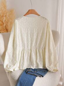 CosyJoli Áo thun Jacquard cỡ lớn cho nữ Áo cánh ren màu mơ dễ thương Áo thun mùa thu cỡ lớn đáng yêu - Màu be - Xem 2