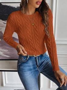 SHEIN LUNE Solid Color Crew Neck Twist Knit Casual Pullover Sweater - Orange - View 5