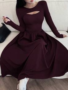 Feyla Elegant Hollow-Out French Style Slimming Dress - Red Violet - View 6