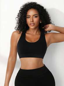 1件装女士无缝无钢圈柔软舒适运动文胸吊带衫 - 黑色 - 查看 5