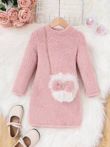 SHEIN Young Girl Fashion Sweet Solid Color Double-Sided Fleece Dress With Diagonal Shoulder Bag, Long Sleeve Kids Dress, Girl Clothes Autumn And Winter Clothes, Autumn And Winter Young Girls Dressse, Light Pink Girls Outfit Winter - Baby Pink - View 1