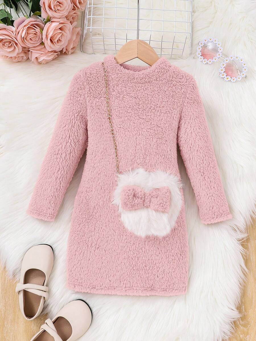 SHEIN Young Girl Fashion Sweet Solid Color Double-Sided Fleece Dress With Diagonal Shoulder Bag, Long Sleeve Kids Dress, Girl Clothes Autumn And Winter Clothes, Autumn And Winter Young Girls Dressse, Light Pink Girls Outfit Winter - Baby Pink - View 1